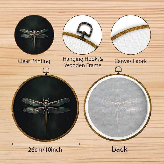 Hiuwevt Dark Dragonfly Round Wall Art Decor, Vintage Dark Academic Dragonfly Framed Canvas Prints, Gothic Dragonflies Round Wall Hanging Decor for Home Room Decorations, 10x10 Inches