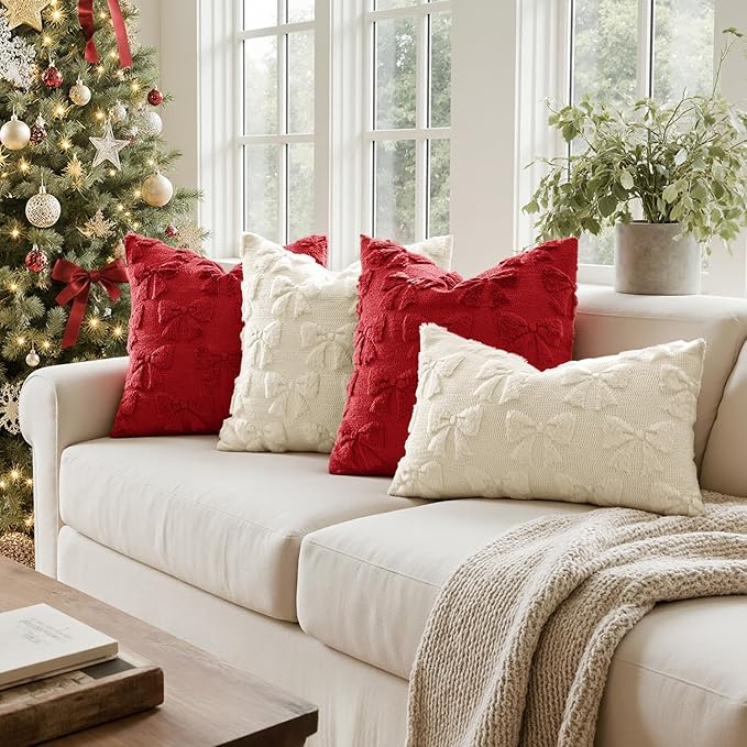 MIULEE Christmas Red Bow Pillow Covers Coquette Room Decor Aesthetic Set of 2 Decorative Cute Girl Throw Pillow Soft Plush Faux Pillowcase for Girl Bed Couch Sofa,18x18 Inch