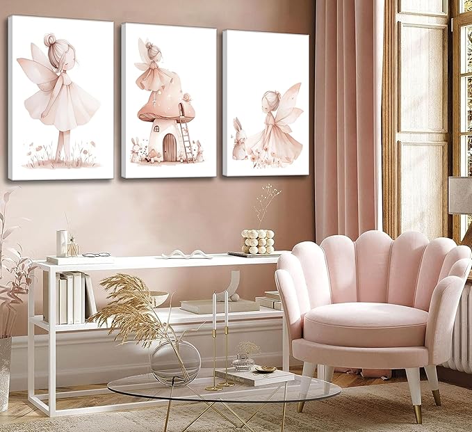 UNDDISINS 3 Pcs Pink Fairy Nursery Canvas Wall Art Girs Room Pink Nursery Painting Picture Wall Decor Cute Fairy Posters Art Fairies Paintings Artwork for Kids Room Toddler GirlRoom Home Decoration