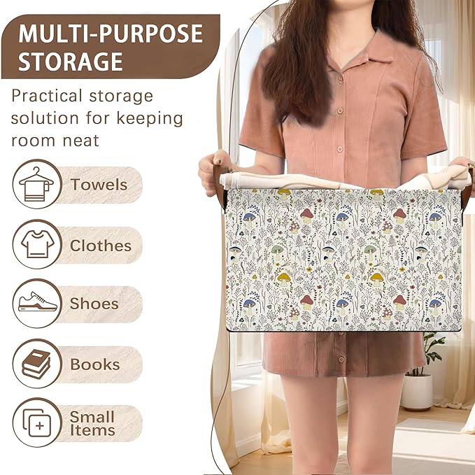 Retro Mushroom Storage Basket Large 17x11.5x10.5 Inche-Collapsible Fabric Organizer Bin with Handles for Cottagecore Decor, Nursery, Forest Theme-Decorative Hamper with Whimsical Fungi-Single Pack