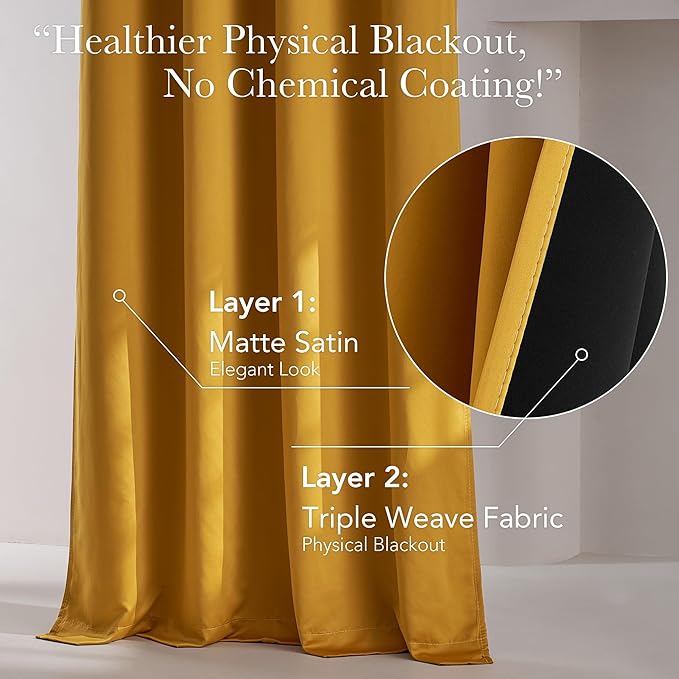 NICETOWN 100% Blackout Window Curtain Panels, Gold, 2 Pieces, 52" Wide Each Faux Silk Panel, Heat and Cold Blocking Drapes with Black Liner for Nursery, 84" Drop Thermal Insulated Draperies