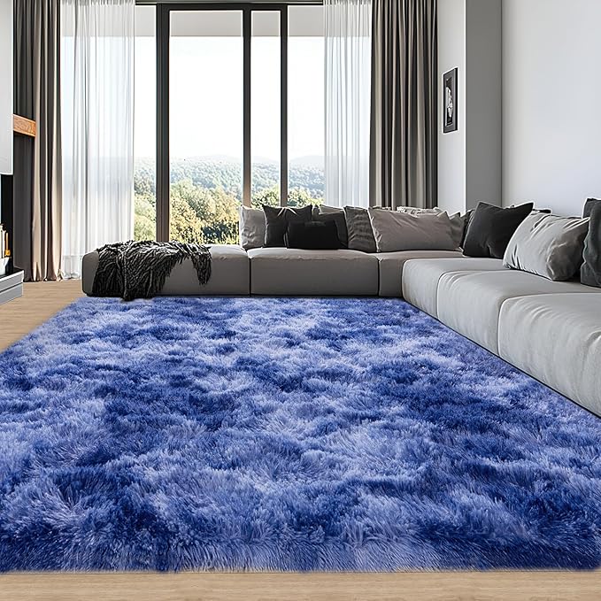 Living Room Rug 9x12, Soft Extra Large Tie Dye Blue Fluffy Shag Rug for Boys Bedroom, Non-Slip Modern Indoor Fuzzy Big Plush Rugs for Kids Room, Dorm, Home Decor