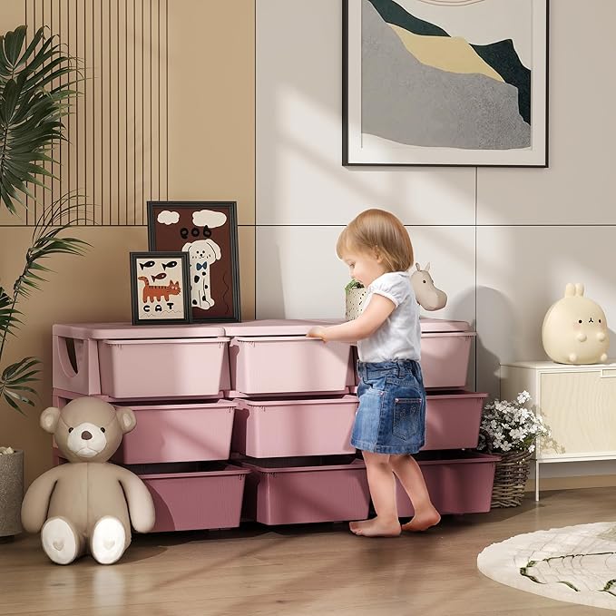 Qaba 3 Tier Kids Storage Unit, 9 Drawer Chest Toy Organizer Plastic Bins for Kids Bedroom Nursery Kindergarten Living Room for Boys Girls Toddlers, Pink