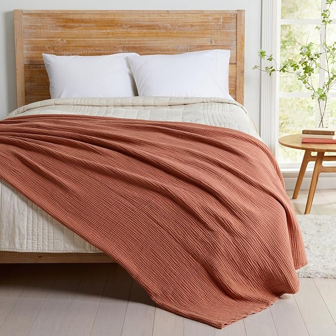 100% Cotton Muslin King Size Blanket | Soft, Breathable, and Lightweight Bed Blanket for All-Season | Perfect for Layering | Maria Collection (King, Rust)