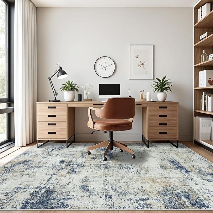 Area Rug Living Room Rugs: 5x7 Washable Rug with Anti-Slip Backing Non-Shedding Stain-Resistant Foldable Modern Abstract Carpet for Bedroom Dining Room Nursery Hallway Home Office Blue Brown