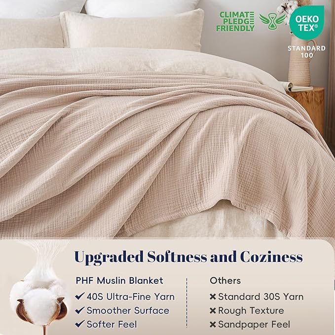 PHF 100% Cotton Muslin Blanket Queen Size 90"x90", 4-Layer Lightweight Gauze Throw, Breathable Cloud-Soft Minimalist Blanket for Bed, Couch, Camping & Baby, Dusty Pink, Ideal Gift