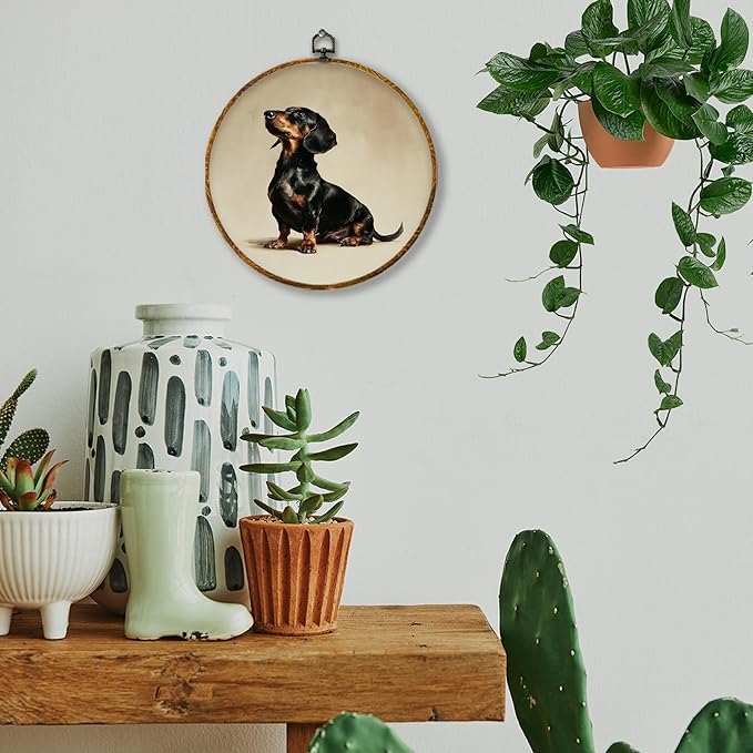 Hiuwevt Vintage Dachshund Round Wall Art Decor, Dachshund Lovers Gifts Framed Canvas Prints, Wiener Dog Gifts Round Wall Hanging Decor for Bedroom Home Living Room Decorations, 10x10 Inches