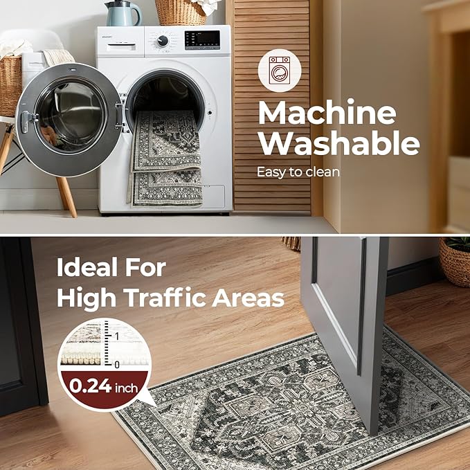 WITSHOCK Indoor Door Rug, Entrance Mat 2x3 Machine Washable Non Slip Backing Mat Soft Foldable,Vintage Rugs Mats, Inside Floor Door Carpet, Bitter Black