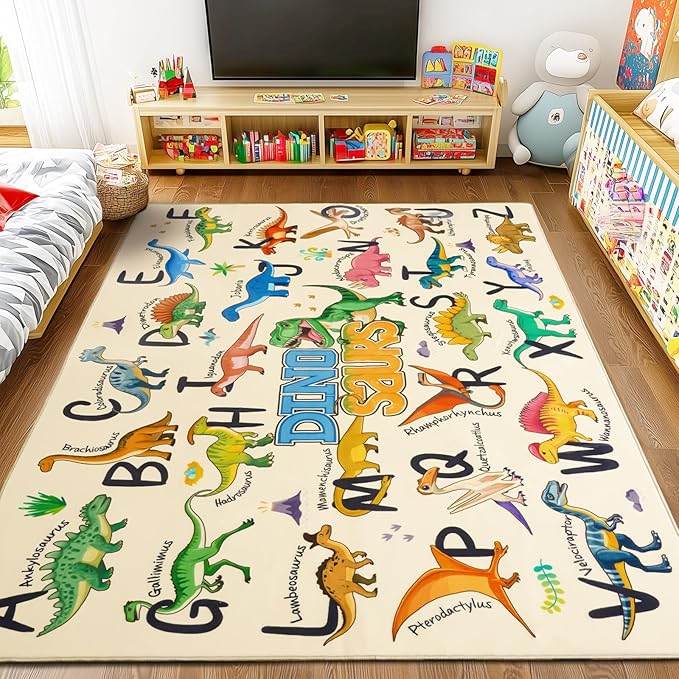 Kids Rugs for Playroom, 7x9 Feet Educational Rug for Learn The ABC Alphabet, Soft Machine Washable Non-Slip Cute Dinosaur Carpet for Classroom Toddler Nursery Kids Room Decor Mat, Beige