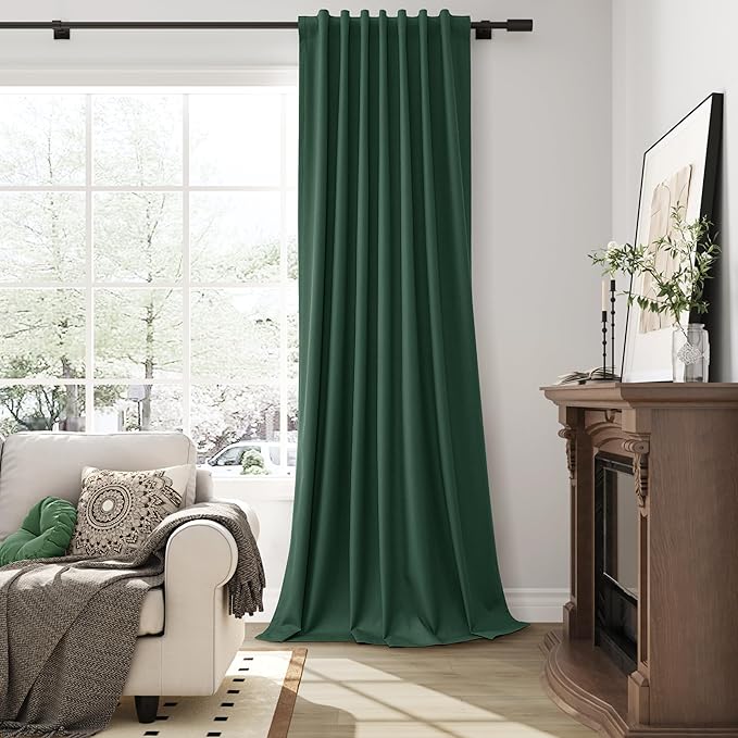 Green Linen 100% Blackout Curtains 102 Inches Long for Living Room Back Tab Hook Belt Modern Room Darkening Thermal Insulated Soundproof Curtain Bedroom Patio Door 2 Panels Set 52x102