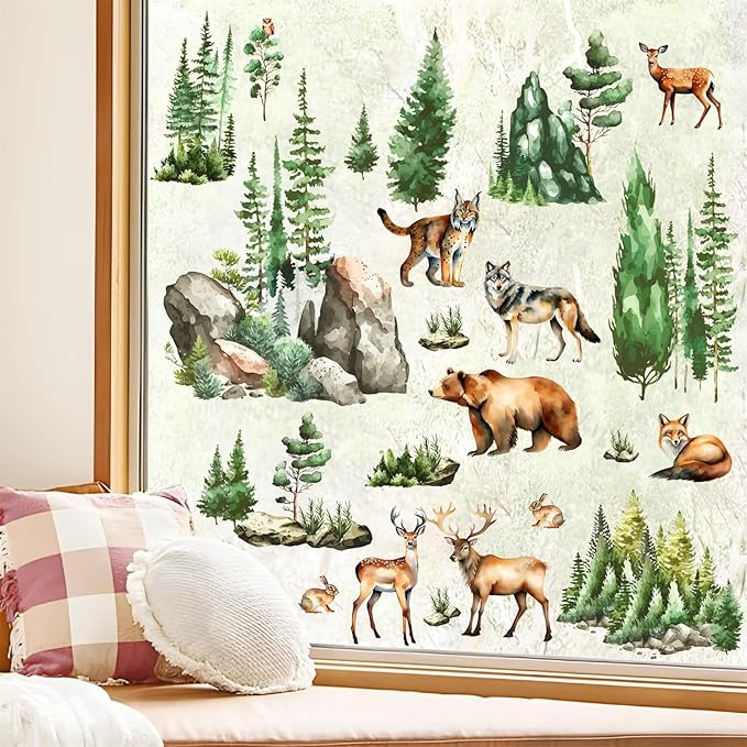 Woodland Animal Window Stickers Clings Watercolor Mountain Animal Tree Wall Decals Green Pine Tree Window Decals Forest Animals Wall Stickers Woodland Window Decoration for Bedroom Living Room