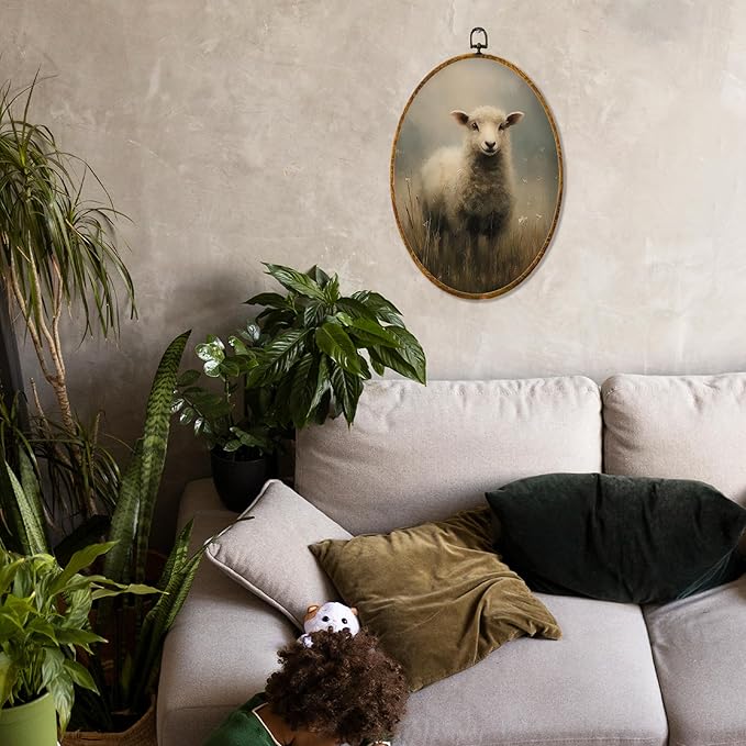 Hiuwevt Vintage Sheep Oval Wall Art Decor, Neutral Cottagecore Lamb Framed Canvas Prints, Rustic Farmhouse Animal Oval Wall Hanging Decor for Farm Home Bedroom Decorations, 8.6x11.4 Inches