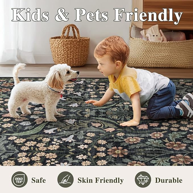 5x7 Washable Area Rug for Living Room, Floral Non-Slip Non-Shedding & Easy Care, Soft Low Pile Forest Boho Indoor Floor Carpet for Living Room, Bedroom, Farmhouse, Dining Room, Kids Playroom, Black