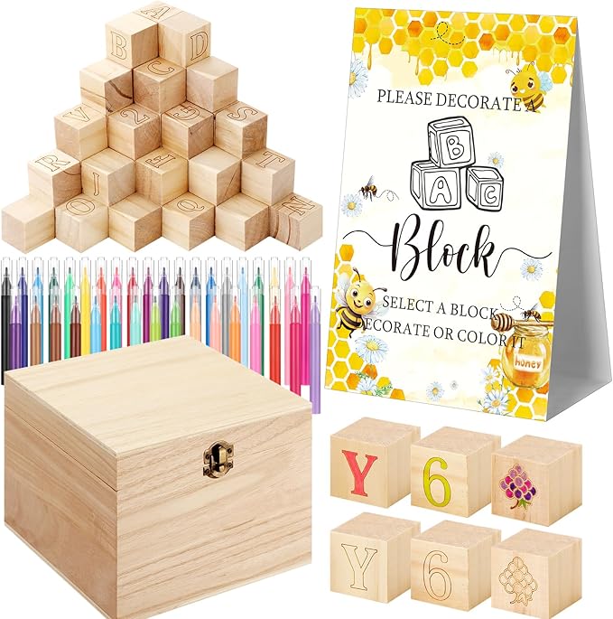 Marsui 136 Pcs Baby Shower Blocks to Decorate Game Kit Includes 98 Wooden Blocks, 36 Markers, 1 Game Sign, 1 Storage Box for Baby Shower Gender Reveal Activity Party Decorations(Bee)