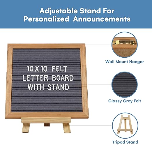 flybold Felt Letter Board - Baby Announcement Sign Board - Message board with 340 Letters Numbers Sign Adjustable Tripod Stand - Announcement Board for Birth - Small Word Grey 10x10 inch (Wall Mount)
