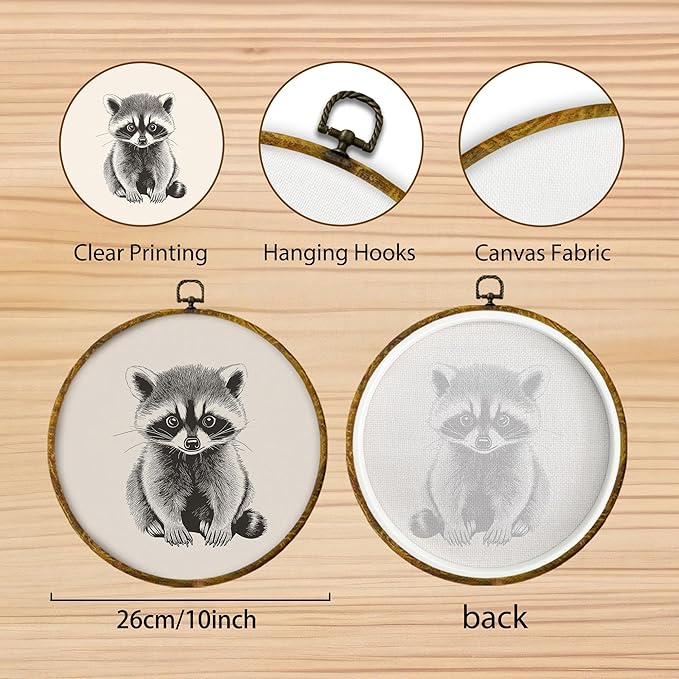 Hiuwevt Vintage Raccoon Round Wall Art Decor, Cute Neutral Racoon Framed Canvas Prints, Trash Panda Wildlife Animal Round Wall Hanging Decor for Home Nursery Kids Bedroom Decorations, 10x10 Inches