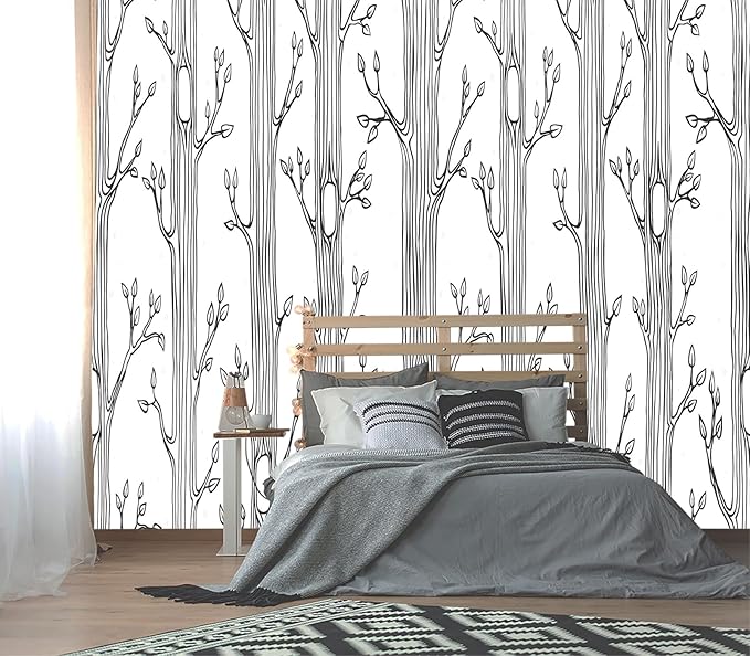 XMPMBM-Hand-Painted Cartoon Grey Tree Fabric Wallpaper Nursery Room Kids Bedroom Wall Mural-W 154" X H 105"（112 Square Foot）