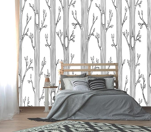 XMPMBM-Hand-Painted Cartoon Grey Tree Fabric Wallpaper Nursery Room Kids Bedroom Wall Mural-W 154" X H 105"（112 Square Foot）