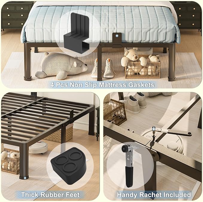 6 inch Full Size Bed Frame with Round Corner Legs Mattress Slide Stopper,Low Profile Heavy Duty Metal Platform,Steel Slat Support,No Box Spring Needed,Easy Assembly,Noise Free