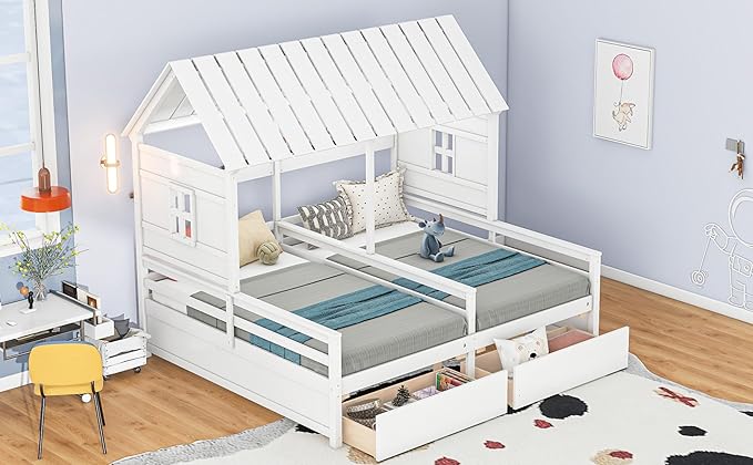 Harper & Bright Designs Twin Size House Platform Beds with Two Drawers for Boy and Girl Shared Beds, Combination of 2 Side by Side Twin Size Beds,White