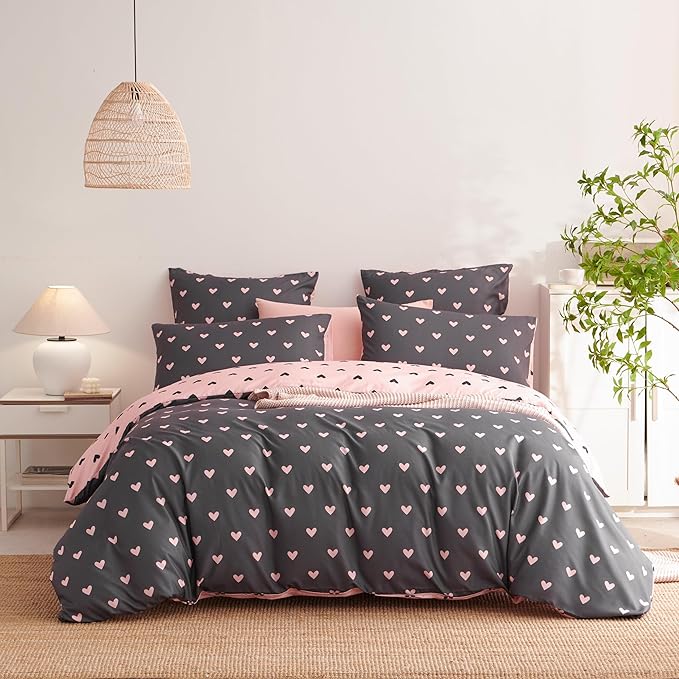 Heart Duvet Cover Queen Size Grey Pink Love Print Bedding Set Cute Hearted-Shaped Breathable Durable Soft Reversible Comforter Cover