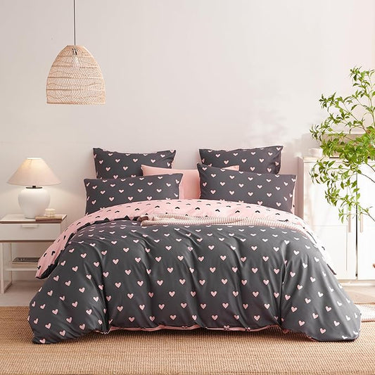 Heart Duvet Cover Queen Size Grey Pink Love Print Bedding Set Cute Hearted-Shaped Breathable Durable Soft Reversible Comforter Cover
