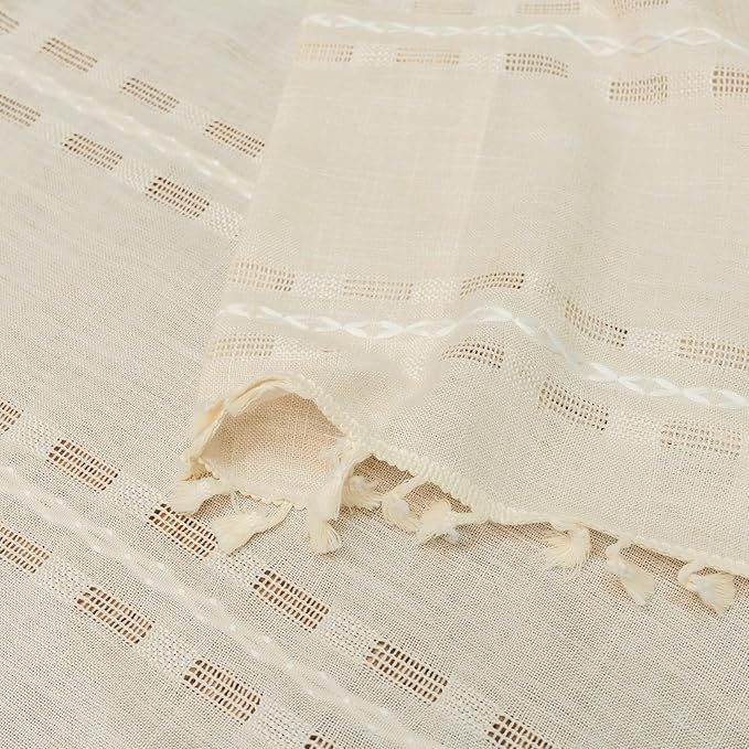 Deeprove Ivory Boho Curtain 96 inches Long for Living Room Bedroom, Vintage Bohemian Semi Blackout Linen 96 inches Length Stripe Embroidery Privacy Window Tassel Decor W52 x L96, 1 Panel