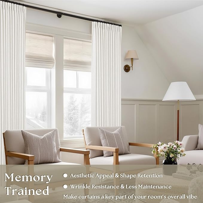 Pinch Pleated Linen Curtains 96 Inches Long for Living Room Bedroom Light Filtering Boho Window Drape 96 inch 2 Panels with Hooks Rings 8ft Cream Beige White Sliding Glass Door Semi Sheer Curtain