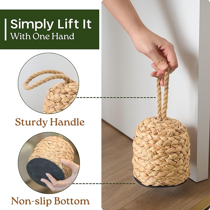 4.4lbs Natural Door Stopper for Bottom of Door Decorative Heavy Duty Door Stop with Handle Wicker Cute Door Stopper for Modern Farmhouse Water Hyacinth Home Decor 4.7"D x 6.3"H (Cylinder)