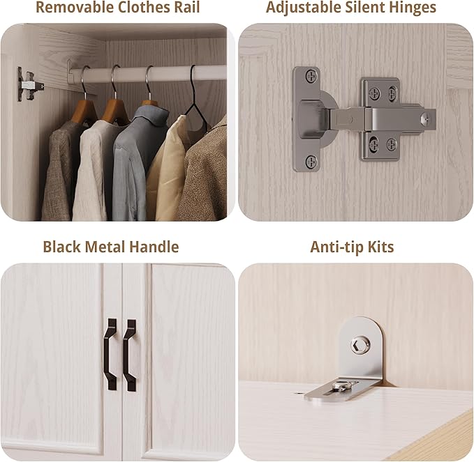 LIKIMIO Armoire Wardrobe Closet, 70" H Wooden Bedroom Armoire with Mirror, 2 Cabinet, Pegboard and a Open Shelf, Large Freestanding Clothing Storage Cabinet with 3 Doors, White