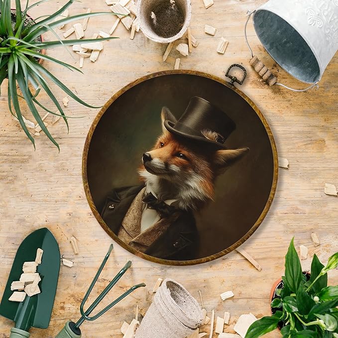 Hiuwevt Retro Fox Round Wall Art Decor, Vintage Dark Academia Fox Framed Canvas Prints, Retro Renaissance Animal Round Wall Hanging Decor for Home Living Room Decorations, 10x10 Inches