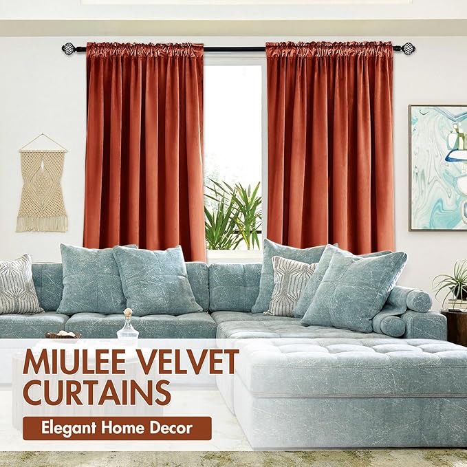 MIULEE Burnt Orange Velvet Curtains Thermal Insulated Blackout Curtain Fall Drapes for Bedroom Living Room Darkening 90 Inches Long Rust Terracotta Panels Rod Pocket Set of 2