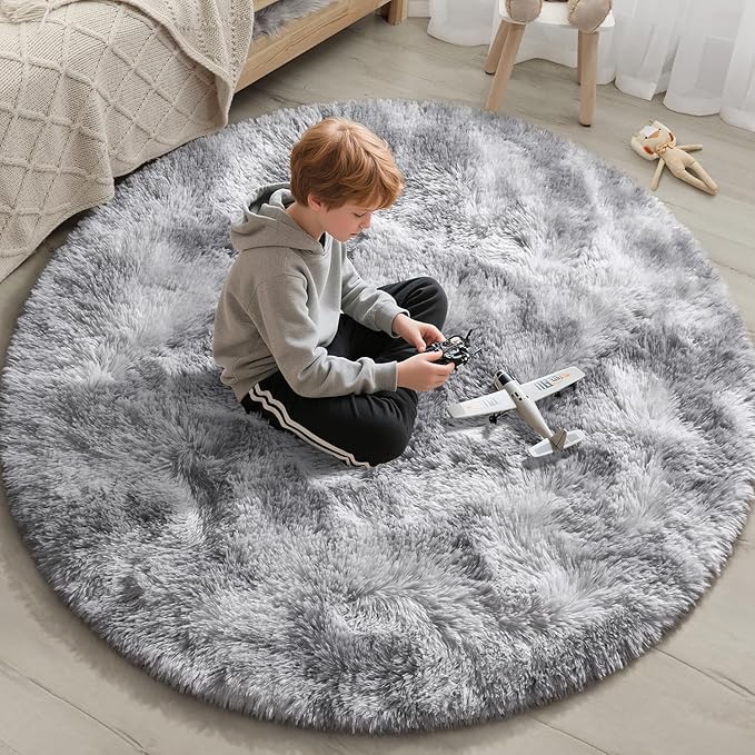 EVOIONOS Tie-Dyed Light Grey Round Rug for Bedroom, 5x5 Ft Fluffy Soft Circle Area Rugs for Living Room, Plush Shaggy Circular Carpet for Indoor Floor Bedside Kids Nursery, Home Decor Aesthetic