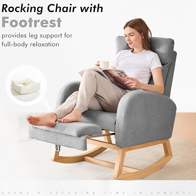 FOXHUNTER Rocking Chair for Nursery with High Backrest & Foot Rest-Nursery Rocking Chairs with Side Storage Pocket for Breastfeeding,Modern Glider Chair for Baby Bedroom,Living Room,Teddy Grey