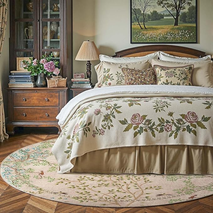 jinchan Yarden Round Rugs 8ft Beige Botanical Birds Print Machine Washable 8' Circle Nature Plants Modern Soft Non Slip Kids Throw Area Rugs Ultra Thin Low Pile Carpet for Living Room Bedroom
