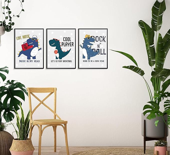 3Pcs Cartoon Dinosaur Wall Art Trio Set with Music Sports Rock Themes and Playful Canvas Prints, Vibrant Color Posters on Starry Gray Background for Kids Room Wall Decor Nursery Decoration Unframed