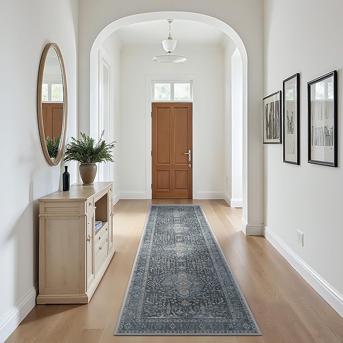 GENIMO Hallway Rug, Machine Washable Runner Rug 2'6''x10', Vintage Kitchen Runner Non Slip, Ultra-Thin Low Pile Soft Woven Fiber Carpet for Entryway, Corridor, Laundry, Blue Black