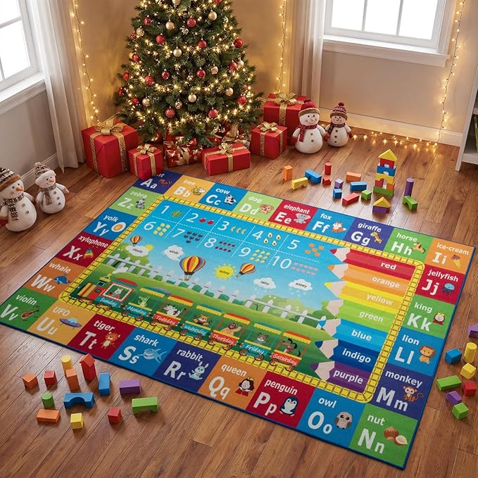 Unirea 5x7 Kids Rug for Playroom Bedroom Classroom, Washable Educational Play Mat with ABC Alphabet, Numbers, Animals for Living Room, Nursery, Colorful Learning Carpet for Toddlers, Rainbow