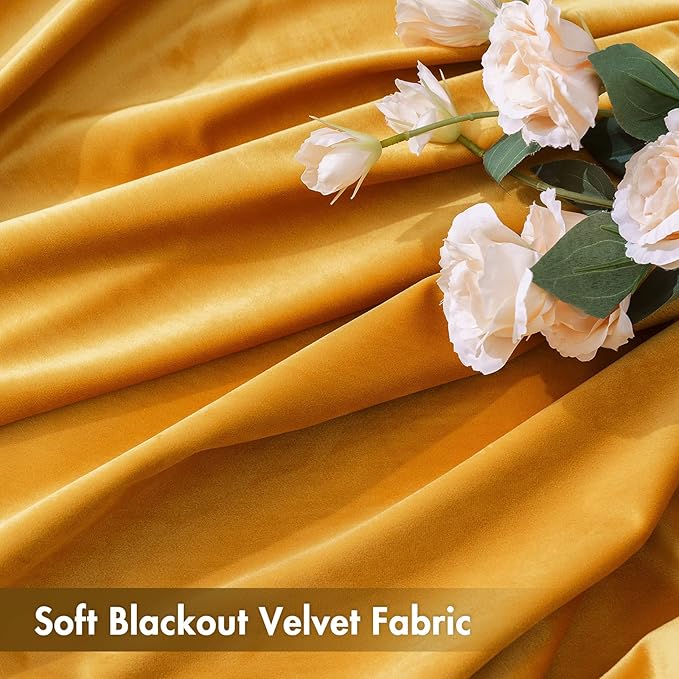 MIULEE Mustard Yellow Velvet Curtains Thermal Insulated Blackout Curtain Fall Drapes for Bedroom Living Room Darkening 84 Inches Long Curtains Panels Rod Pocket Set of 2