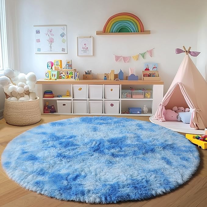 ONASAR Tie-Dye Blue Round Area Rug 4x4, Soft Bedroom Circle Rugs Floor Mats for Kids Girls Teen Room, Kawaii Fluffy Plush Shaggy Carpet for Baby Nursery Living Room Playroom Home Decor