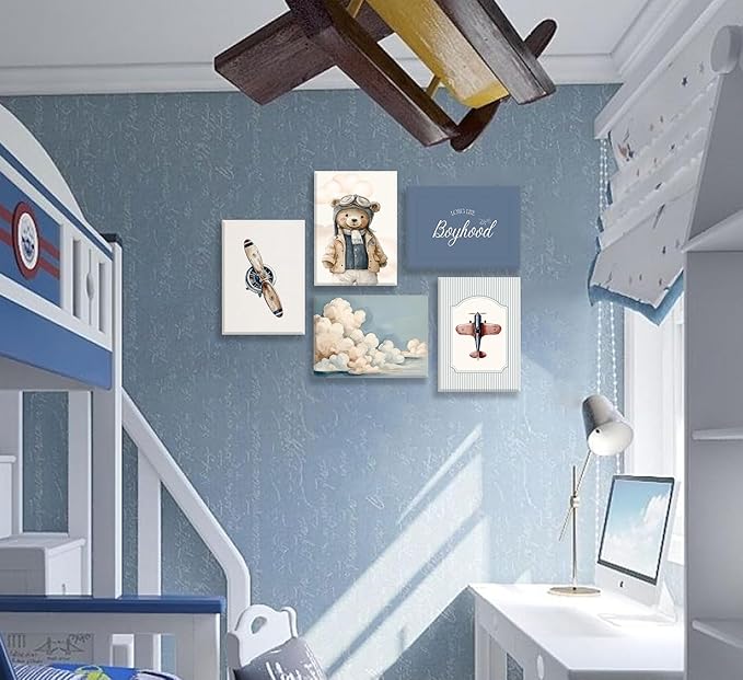 Vintage Baby Boy Nursery Wall Art Retro Airplane Travel Kids Room Canvas Wall Decor Teddy Bear Pictures Navy Blue Aviation Posters Cloudy Sky Painting Print Artwork for Boy Room Playroom, Framed