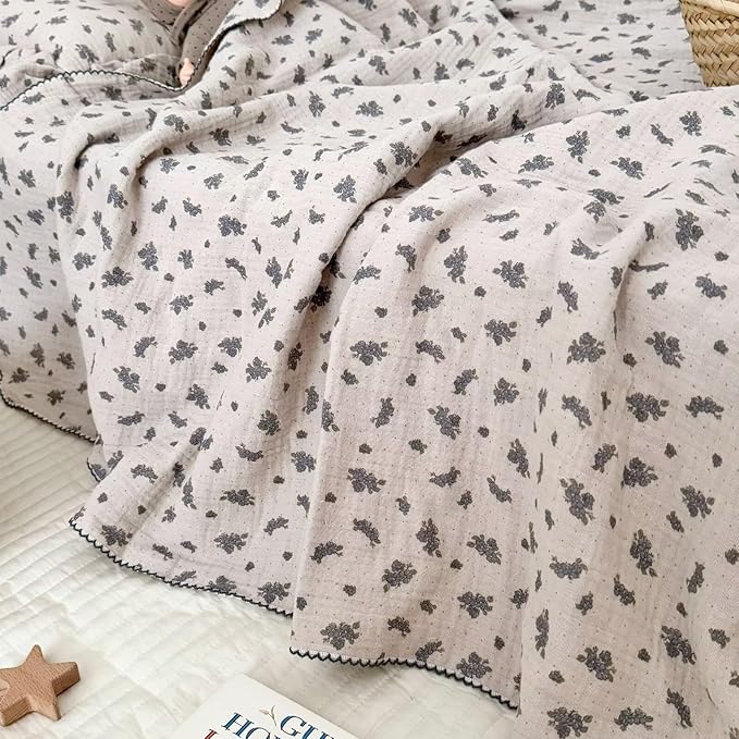 BuLuTu Shabby Chic Floral Baby Blanket 47x51 Inch, Double-Layer Muslin Cotton Blanket for Toddler Girls Boys, 100% Cotton Large Baby Quilt, Blue Orchid Print Nursery Blankets