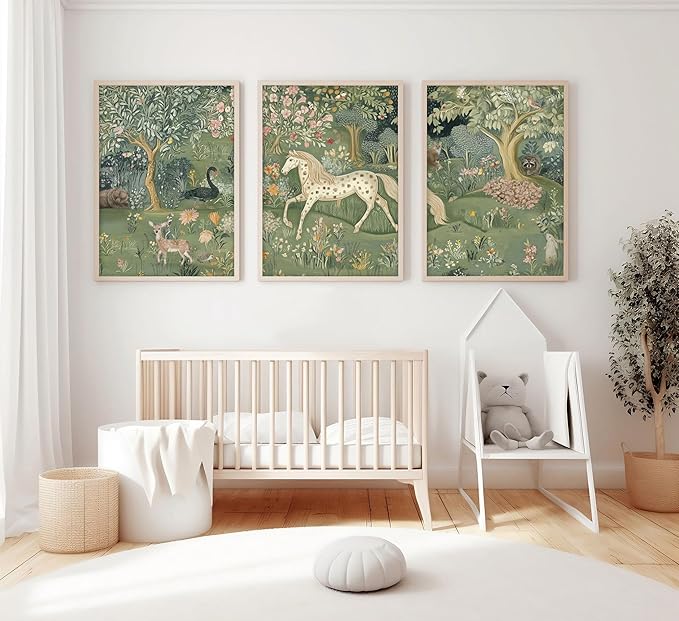 Vintage Woodland Animal Nursery Wall Art Magic Horse Bear Deer Poster Green Fantasy Forest Botanical Pictures Decor Fairy Tale Nature Painting Canvas Print Artwork for Kids Room Living Room, Unframed