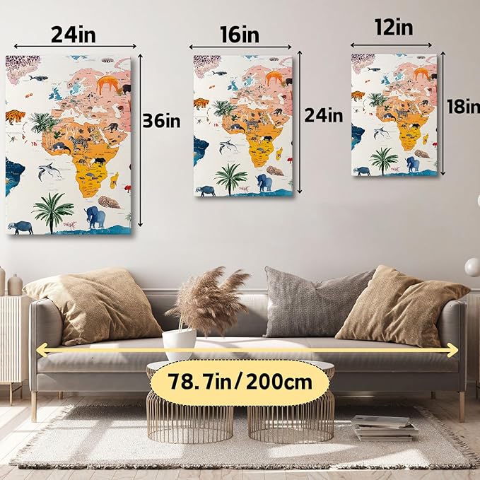 Hotuijxca Animal World Map Wall Art, Nursery World Map Canvas Wall Art, Nursery Animal Maps Wall Decor for Living Room, Bedroom, Children's room (24" x 36" x 3 pcs)
