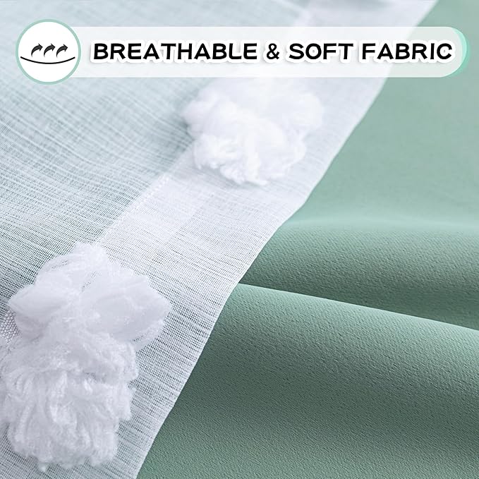MYSKY HOME Kids Curtains for Boys Bedroom 63 Inches Long Room Darkening Double Layer Drapes for Son Room Decor White Pom Pom Sheer Back Tab Blackout Curtain 2 Layers Aqua 52 x 63 Inch 2 Panels