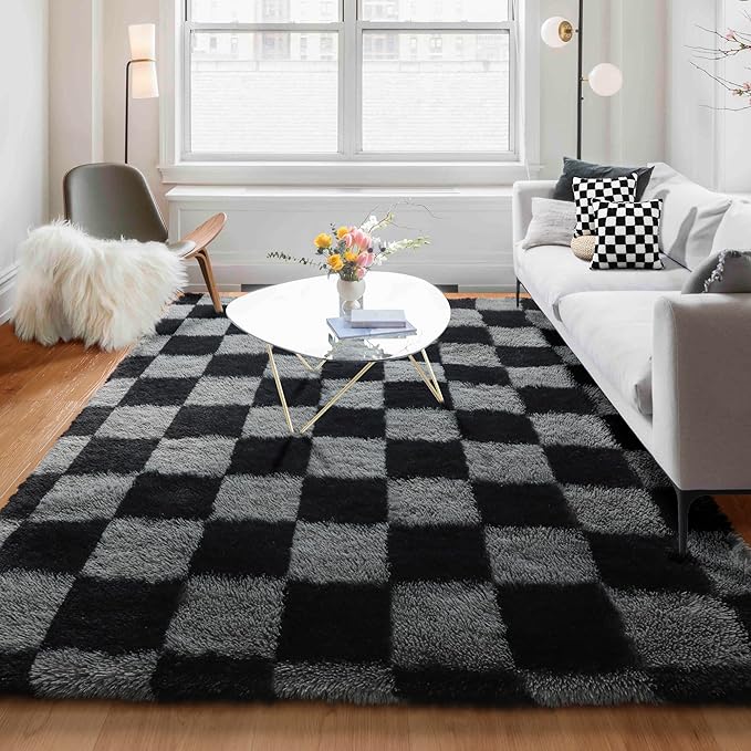 KICMOR Checkered Rugs for Living Room 5x8 Black and Grey, Fluffy Fuzzy Plush Soft Shag Area Rug, Large Big Shaggy Floor Carpets Geometric Rug for Bed Room Kids Boys Home Decor Aesthetic, Playroom