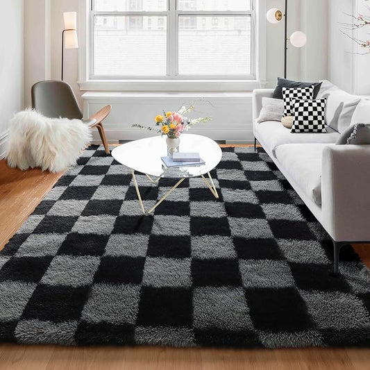 KICMOR Checkered Rugs for Living Room 5x8 Black and Grey, Fluffy Fuzzy Plush Soft Shag Area Rug, Large Big Shaggy Floor Carpets Geometric Rug for Bed Room Kids Boys Home Decor Aesthetic, Playroom