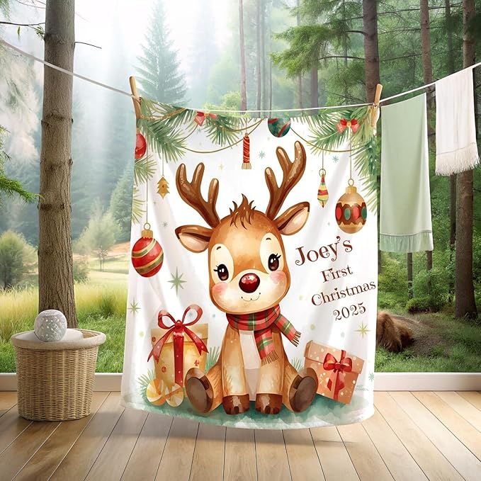 Personalized Baby's First Christmas Blanket, Custom Reindeer Baby Name Christmas Blanket, Soft Fleece Or Sherpa Throw, Baby Shower, Made in USA
