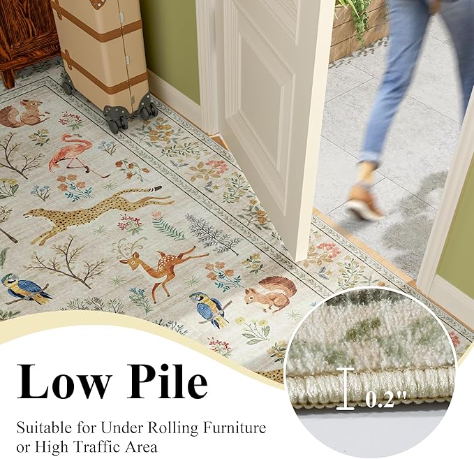 DUKINO 4ft Round Rug, Washable Round Area Rug, Non Slip Indoor Low Pile Animal Design, Soft Small Vintage Circle Carpet for Bedroom, Entryway, Living Room, Dining Room, Beige