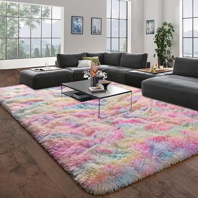 DweIke Fluffy Rainbow Rugs for Bedroom Living Room, 5x8 Large Soft Plush Shaggy Colorful Pink Girls Boys Kids Rug, Non-Slip and Machine Washable Carpet for Dorm Nursery Classroom Decor
